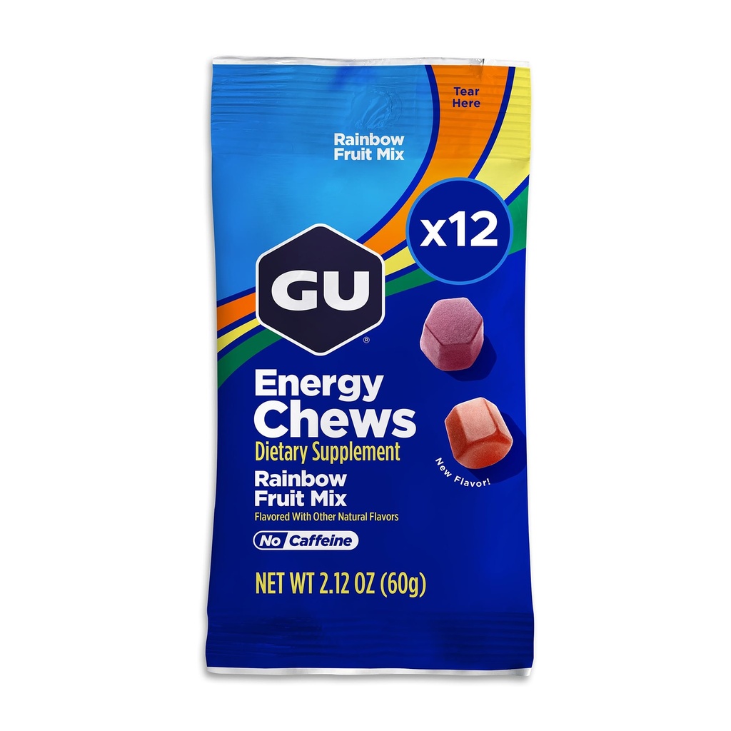 GU Energi Chews, Rainbow Mix Energi Gummies med Electrolytes, Dairy-Free, On-The-Go Energi for enhver trening, 12 poser (24 Services totalt)