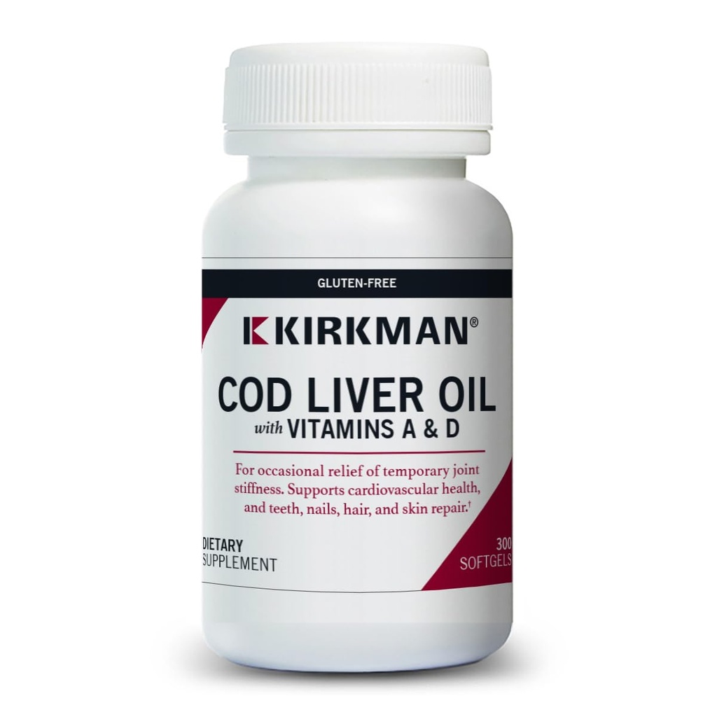 Kirkman - Cod Liver Oil med vitamin A & D - 300 Softgels - essensielle fettsyrer - Støtter Foundational Health - Hypoallergenic