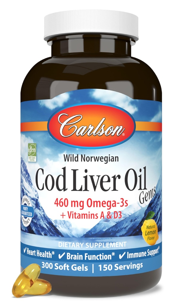 Carlson - Cod Liver Oil, 460 mg Omega-3s + vitaminer A & D3, Wild-Caught Norsk Arctic Cod-Liver Oil, Sustainablely Source Nordic Fish Oil Capsules, Lemon, 300 Softgels