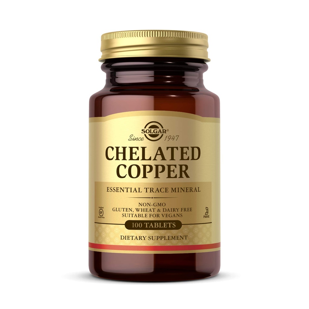 Solgar Chelated Kobber, 100 Tabletter - Viktig for Collagen Formation - Høyt Biotilgjengelig Form - Støtter Connective Vequide - Ikke-GMO, Vegan, Glutenfri, Dairy Free, Kosher - 100 Services