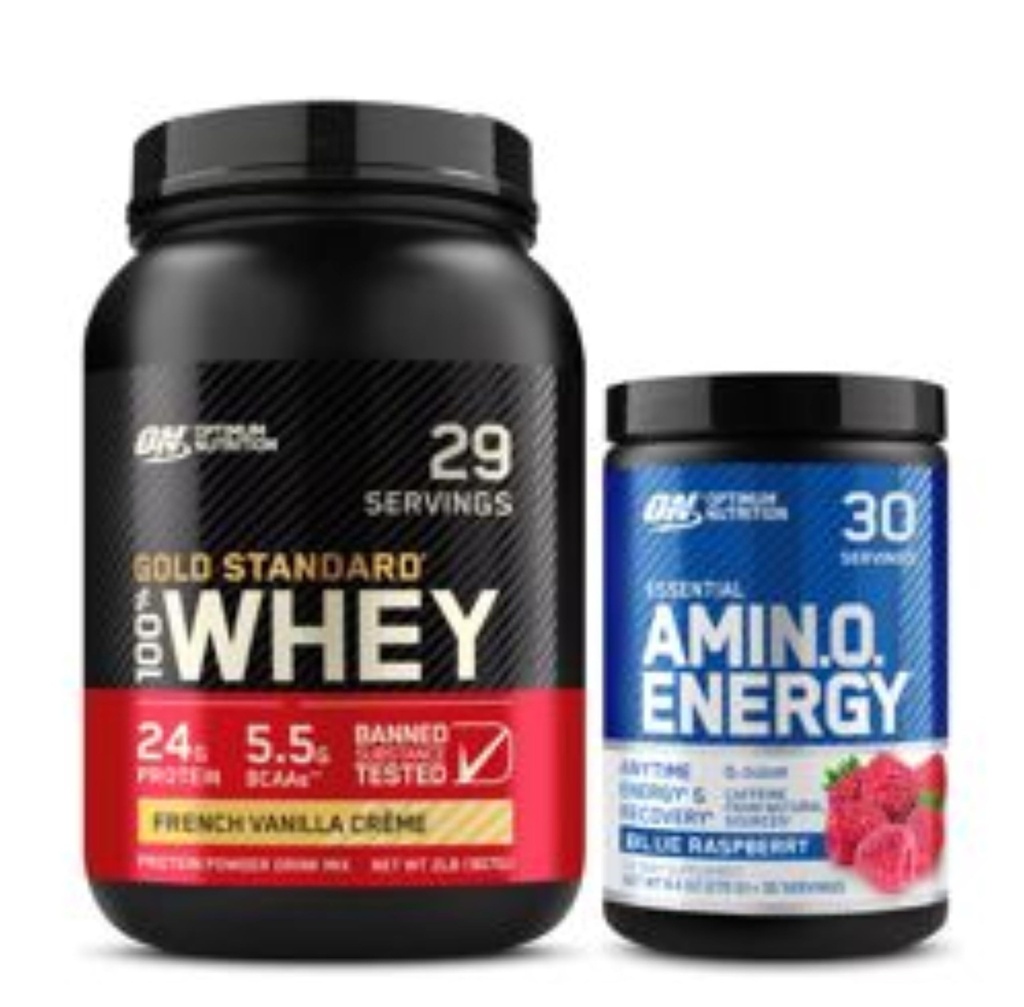 Optimum Nutrition Dynamisk Duo Bundle: Amino energi, Blå bringebær (30 Serveringer) og gull standard 100% Whey Protein pulver, Fransk Vanilla Creme (29 Serveringer)