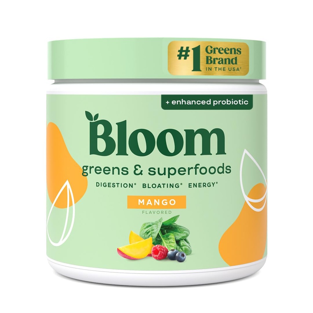 Bloom Nutrition Superfood Grønn pulver, Digestive Enzymer med probiotika og prebiotika, Gut helse, Bloating Relief for kvinner, Klorella, Grønn Juice Blande med Beet Root Powder, 30 SVG, Mango