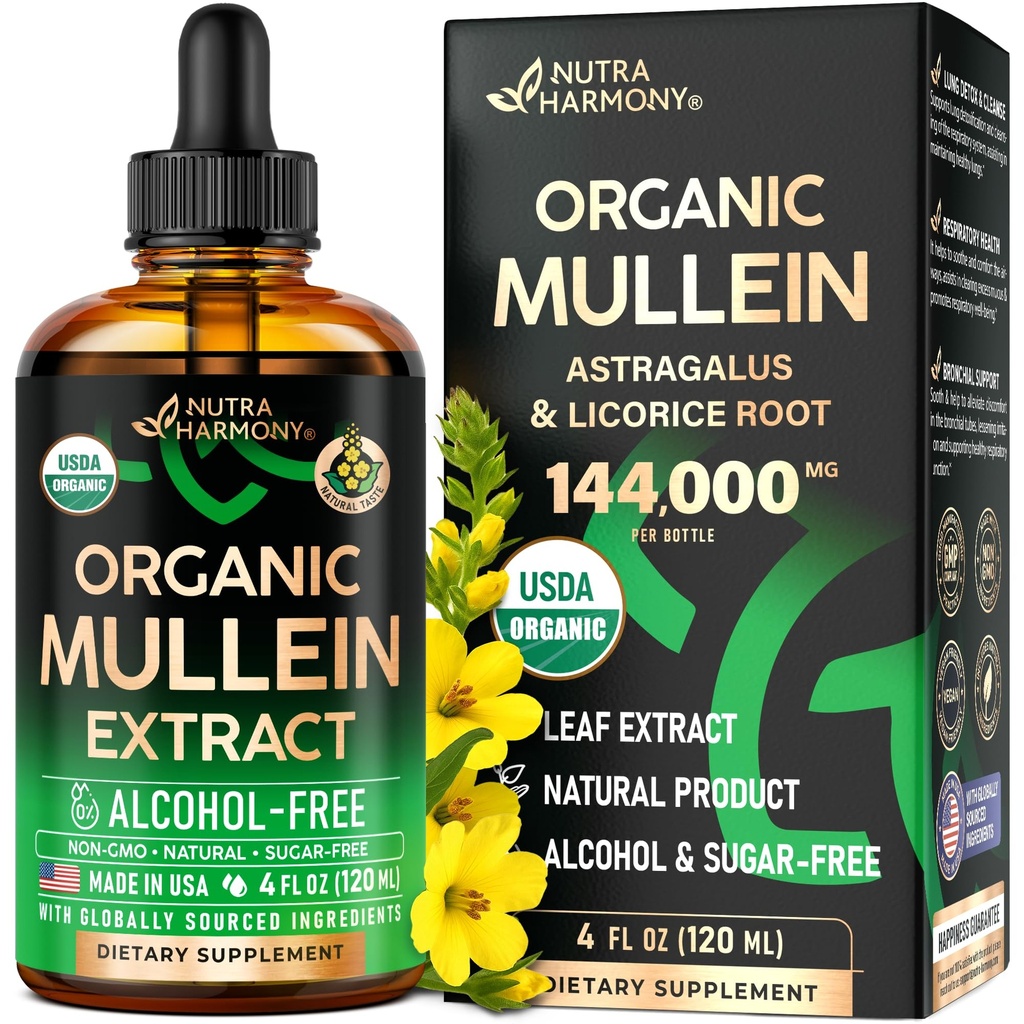 Mullein Drops for Lungs - USDA Organic Liquid - Mullein Leaf Extract Supplement - laget i USA - Lung & Bronchial Cleans for røykere - Respiratorisk Helse Support - Som Tinktur, Te, piller - 4 fl oz