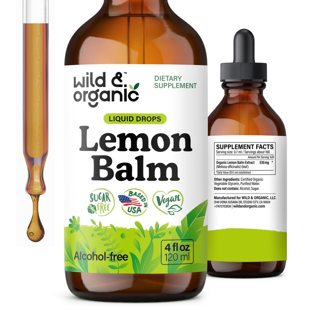 Wild & Organic Lemon Balm Tinktur - Mood Support Supplement - Melissa Lemon Balm Leaf Ekstrakt Dråper - Vegan, Sukker & alkoholfri beroligende Supplement - 4 fl oz