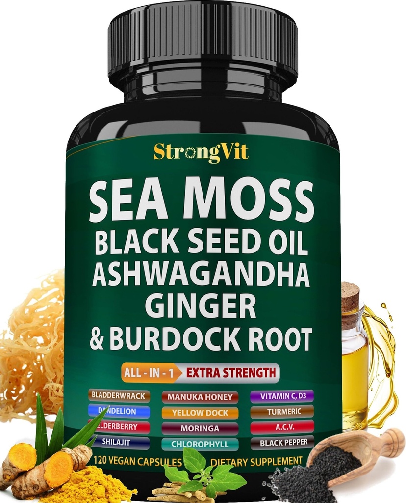 Sea Moss Svart Seed Oil Ashwagandha Ginger, Organic Sea Moss Capsules med Burdock Root, Irsk Seamoss Piller med Bladderwrack, Turmeric, Shilajit, Multimineral Supplement, USA (120 Kapsler)