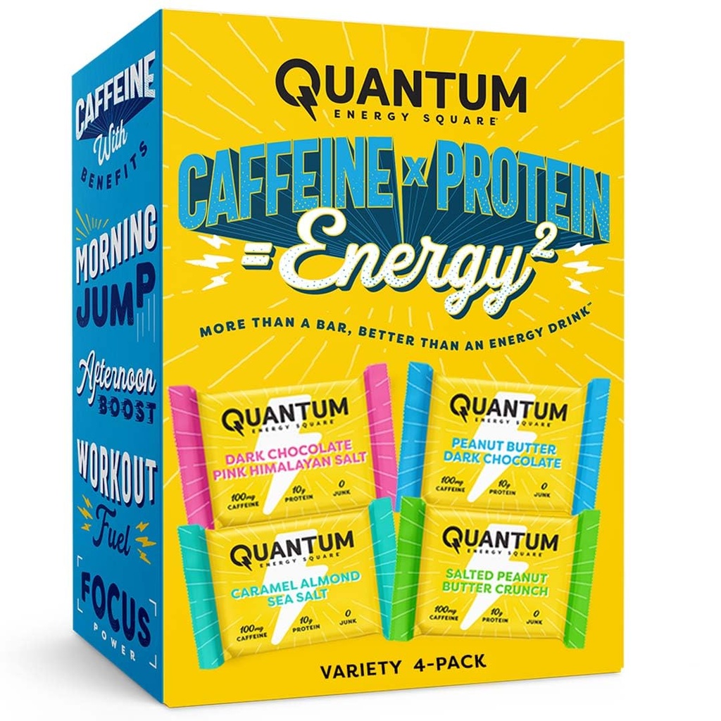 Quantum Energy Square - Energibar med koffein & 10g Protein, Sunn Snack On the Go - Vegan, Glutenfri, Soya og Dairy-Free - Variety 4-Pack