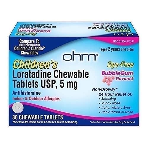 Ohm Barnas Loratadine Chewable, Dye Free, Bubblegum, Ikke-Drowsy 24h Relief av Sneezing, Runny Nese, Vannige øyne, Itchy Throat eller Nese, Antihistamine, Innendørs & Utendørs Allergier, 5 mg, 30 tabletter