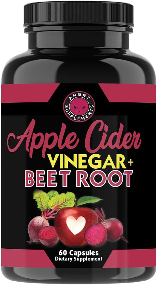 Angry Supplements Apple Cider Vinegar + Beet Root Powder Capsules, ren ACV Beetroot 1000mg per servering, Digestiv helse for menn og kvinner (60ct, 1-måneders forsyning)