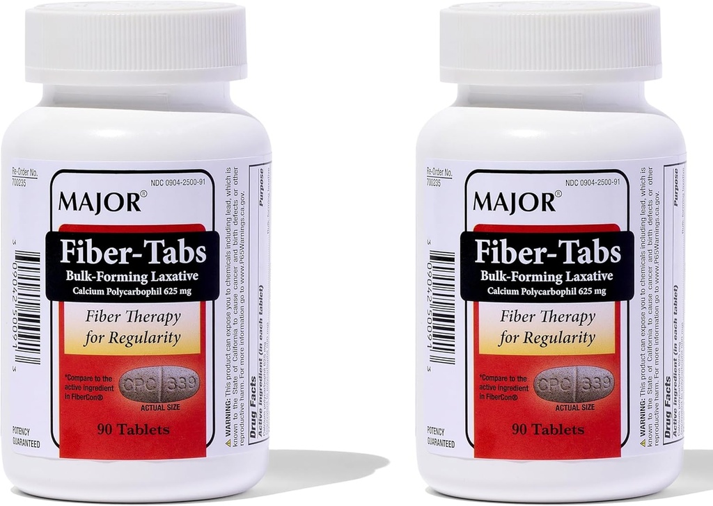 MAJOR Fiber-Tabs 625 Mg Tabletter - Fiberterapi for regelmessighet - Av og til parabol relief for voksne - 90 Count (2 Pack)