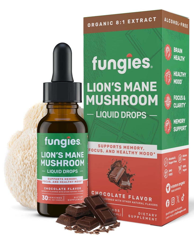 Fungies Lions Mane Mushroom flytende dråper, sjokolade - Tinktur med Lions Mane ekstrakt støtter hjernen tåke, fokus, minne og sunn mood - Mushroom Complex Supplement for voksne - 30 Services