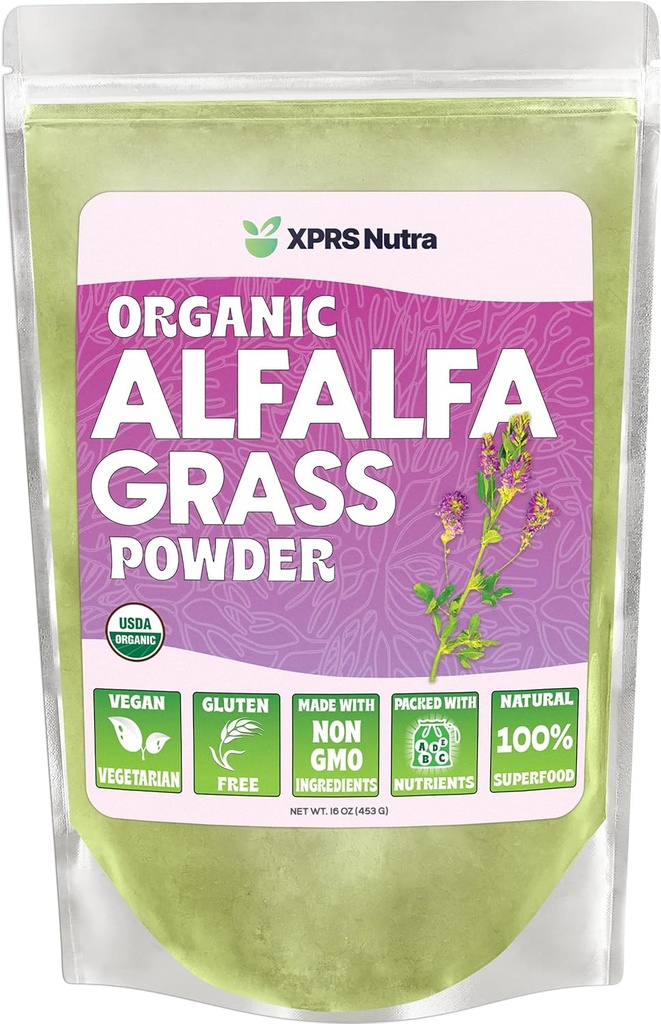 XPRS Nutra Organic Alfafa pulver - Premium Vegansk Supplement rik på kalsium, antioksidanter, vitaminer - Bondetilskudd for barn og voksne - Vegansk Vennlig Alfa Leaf (16 Ounce)