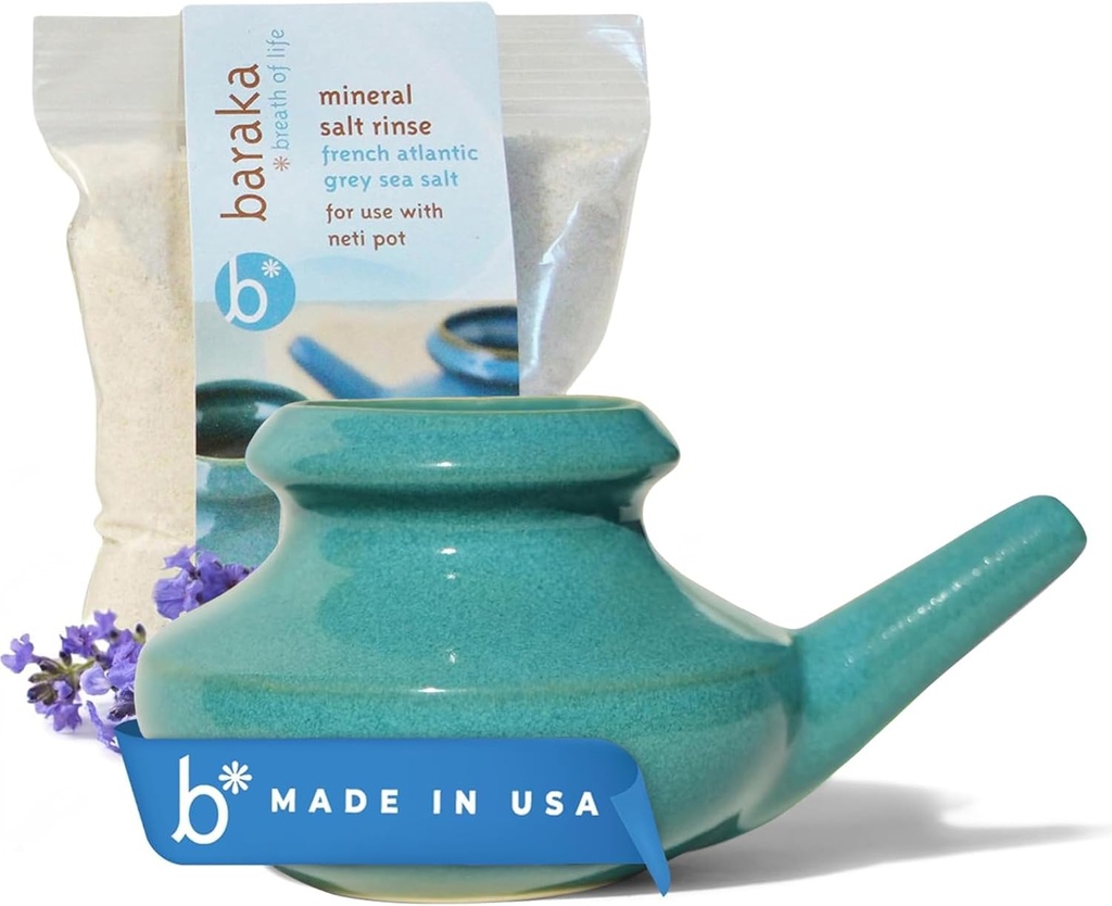 Baraka Neti Pot Tool Kit - Snorring og saltvannsløsning, håndlaget keramisk oppvaskmaskin trygt med 2oz Mineral Sea Salt for Nese Rengjøring & Sinus rengjøring Perfekt for Allergi Relief hos voksne og barn (Jade)