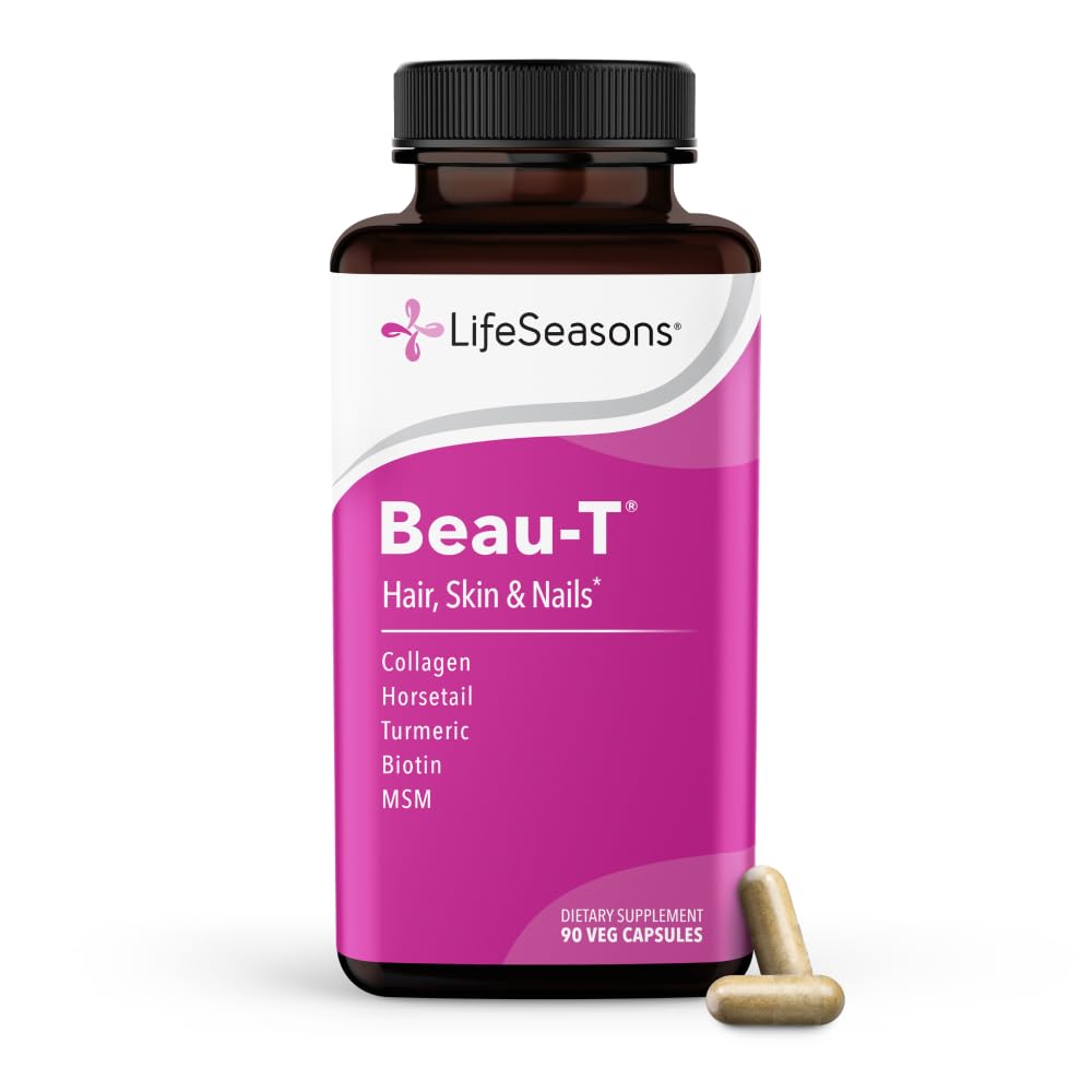 LifeSeasons Beau-T - Hår, negle og hudpleie Supplement - Fremmer sunn hår og neglevekst - Støtte Klar hud og kamper Acne - Nail Styrker - Inneholder Biotin Collage Turmeric - 90 kapsler