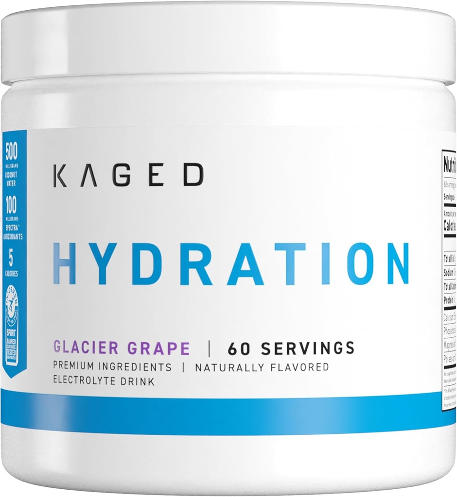 Kaged Hydration Electrolytes pulver | Glacier Grape | Hydra Charge Sports Drink Mix | Pre, Post, Intra trening | Lav carb, Vegan, Glutenfri | Kosttilskudd for menn og kvinner | 60 Serveringer