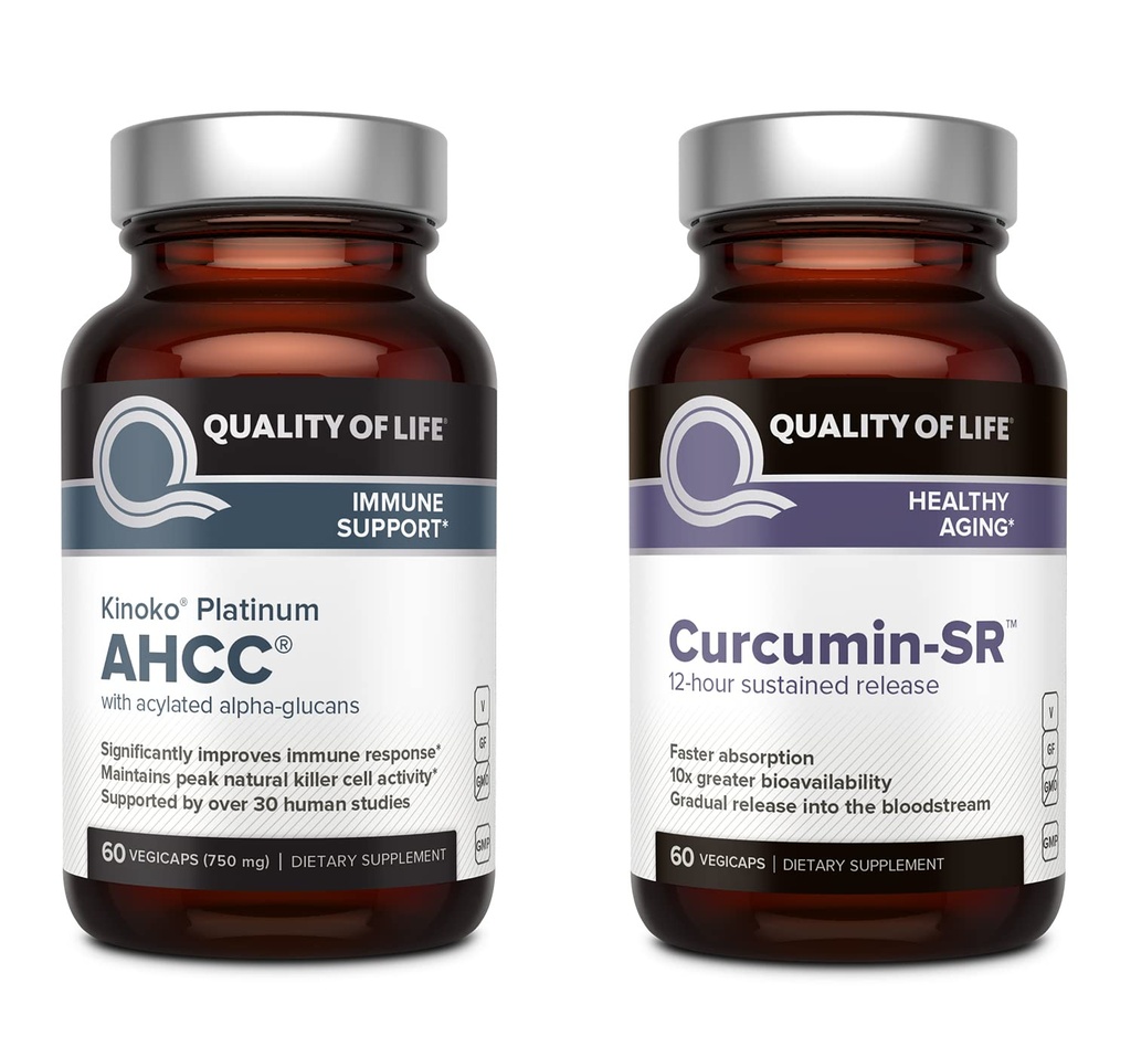 Kvalitet på livet Kinoko Platinum AHCC Mushroom Extract og Microactive Curcumin SR - Immune Bundle