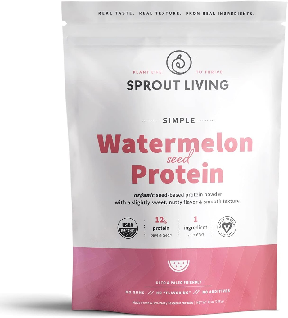 Sprout Living Simple vannmelon frø protein pulver, 12 gram organisk plante basert protein pulver uten kunstige søtningsmidler, ikke-dampende, ikke-GMO, vegansk, glutenfri, keto drikke blanding (10 oz)