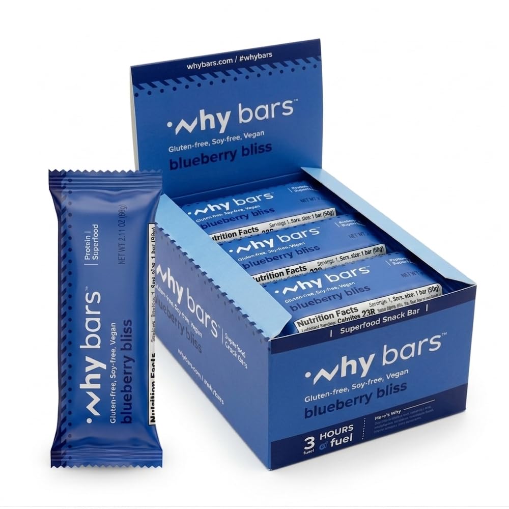 Hvorfor Barer, Protein Barer, Blåbær Bliss, 2.04 Ounce Barer (Pack of 12 Protein Barer) - Protein Bar Superfood, Glutenfri, Ikke GMO, Økologisk, Veganske, enkle ingredienser