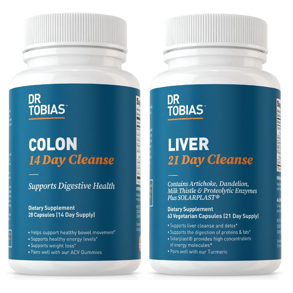 Dr. Tobias Colon 14 dagers rengjøring og lever 21 dagers rengjøring kosttilskudd, med fiber, urter og probiotika, solplast, artichoke, melk tistel, støtter Gut og lever helse.