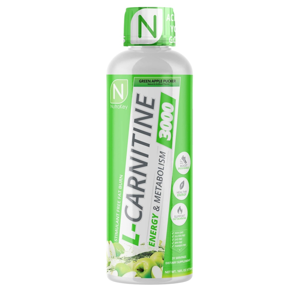 NutraKey L-karnitin 3000mg, Ingen sukker, Glutenfri, bli til drivstoff, (grønn Apple) 31 Serveringer