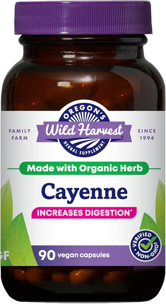 Oregon Wild Harvest Ikke-GMO Cayenne Capsules, organiske urte kosttilskudd, 90 greve