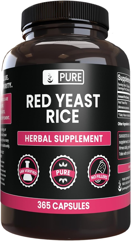 Rene originale ingredienser rød yeast ris ingen magnesium eller ris fyllstoffer, alltid ren, lab verifisert (365 kapsler)