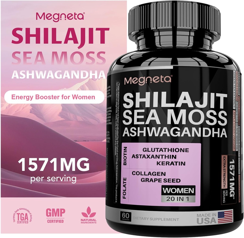 All-in-One Sea Moss, Shilajit, Ashwagandha & Glutathione Supplement for kvinner, Økt energi, 60 kapsler