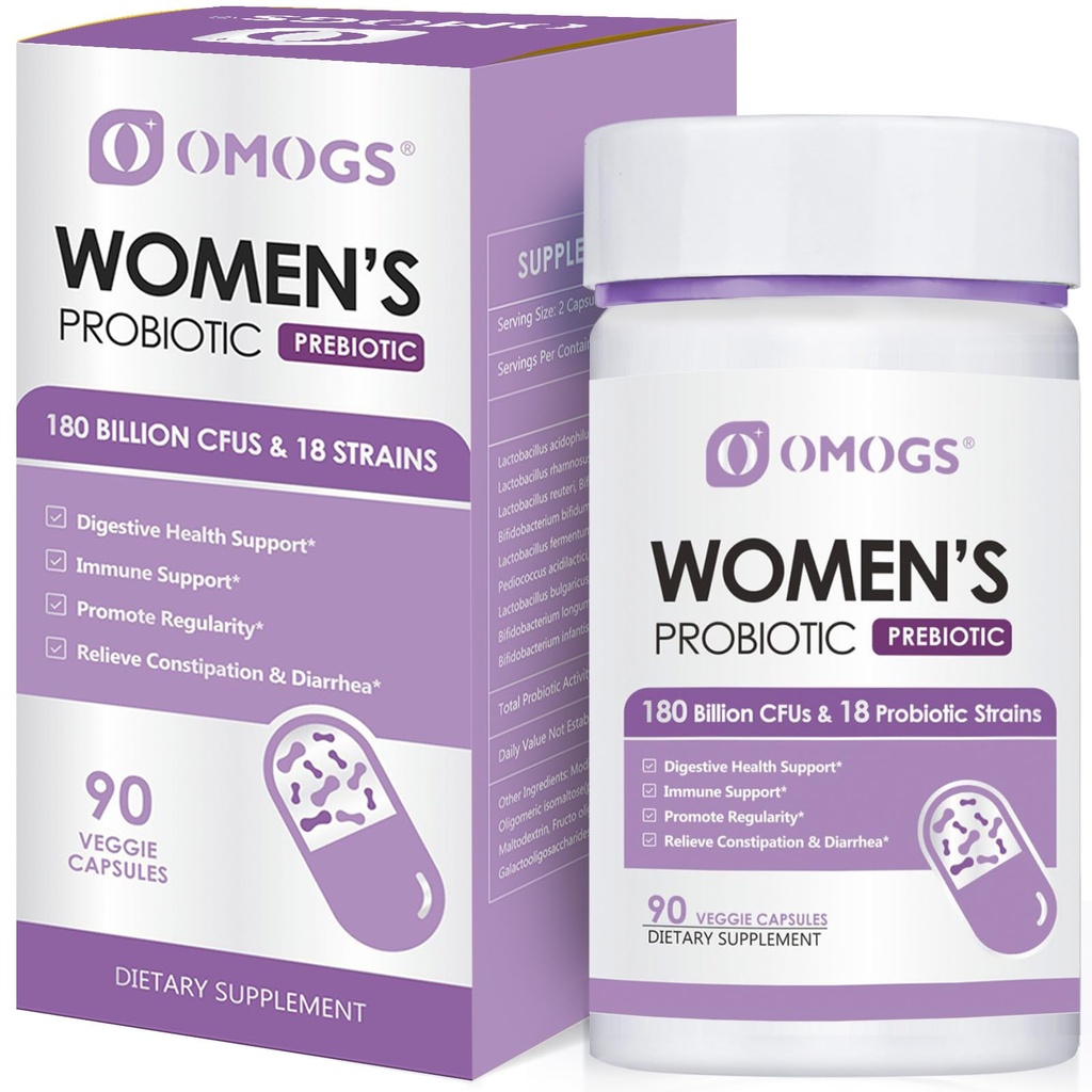 OMOGS kvinners probiotiske 180 milliarder CFUs 18 Strains, med organiske prebiotika, Cranberry Extract, D-Mannose & Digestive Enzymer, for digestive, øke immunforsvar, PH Balance & Uretral Helse, 90 kapsler