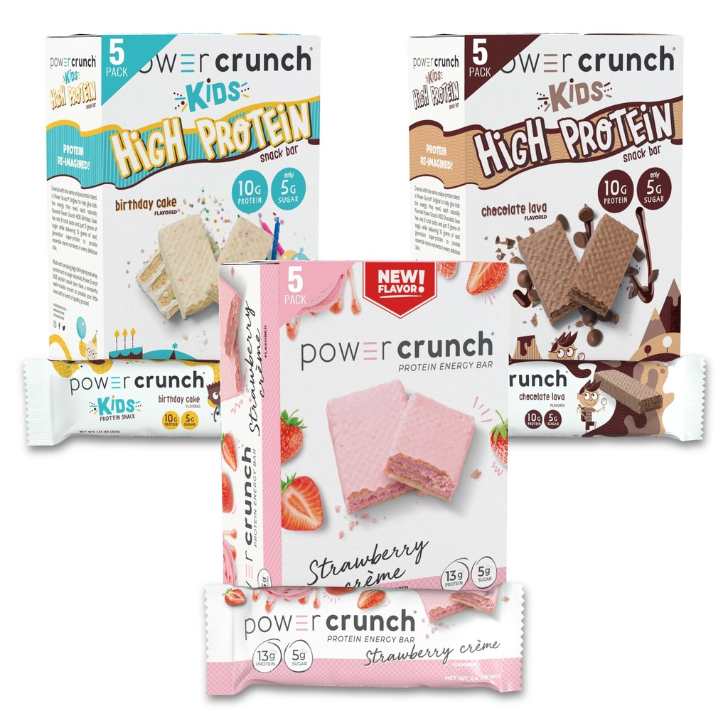 Power Crunch Protein Wafer Bars og Power Crunch KIDS Protein Bars, Variety Pack, (15 grev) Høye proteinsnacks med Delicious smak