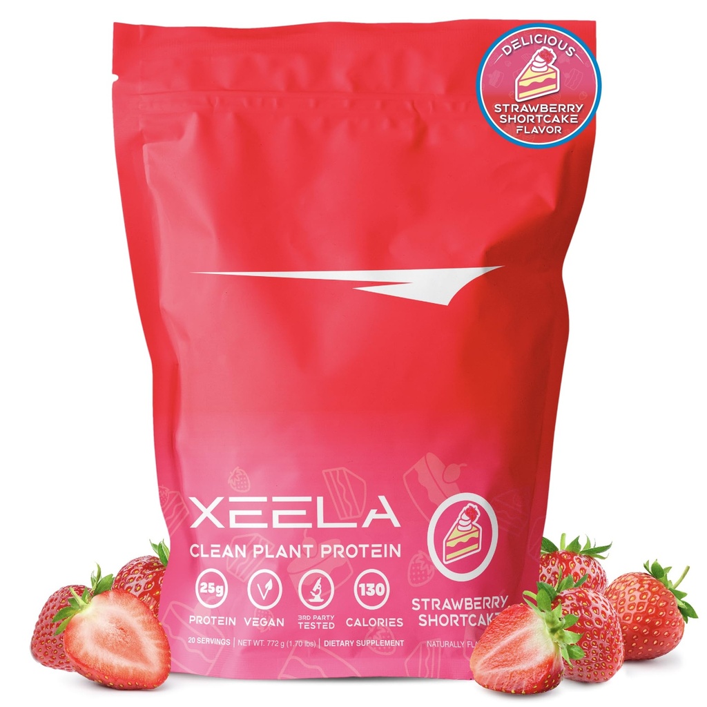 XEELA Plante Basert Vegan Protein pulver - Uavhengig testet - 25g høy protein, Pea Protein for menn og kvinner - Vitaminer og mineraler, ikke GMO, Dairy & Glutenfri, LowCarb & LowFat (Strawberry Cake)