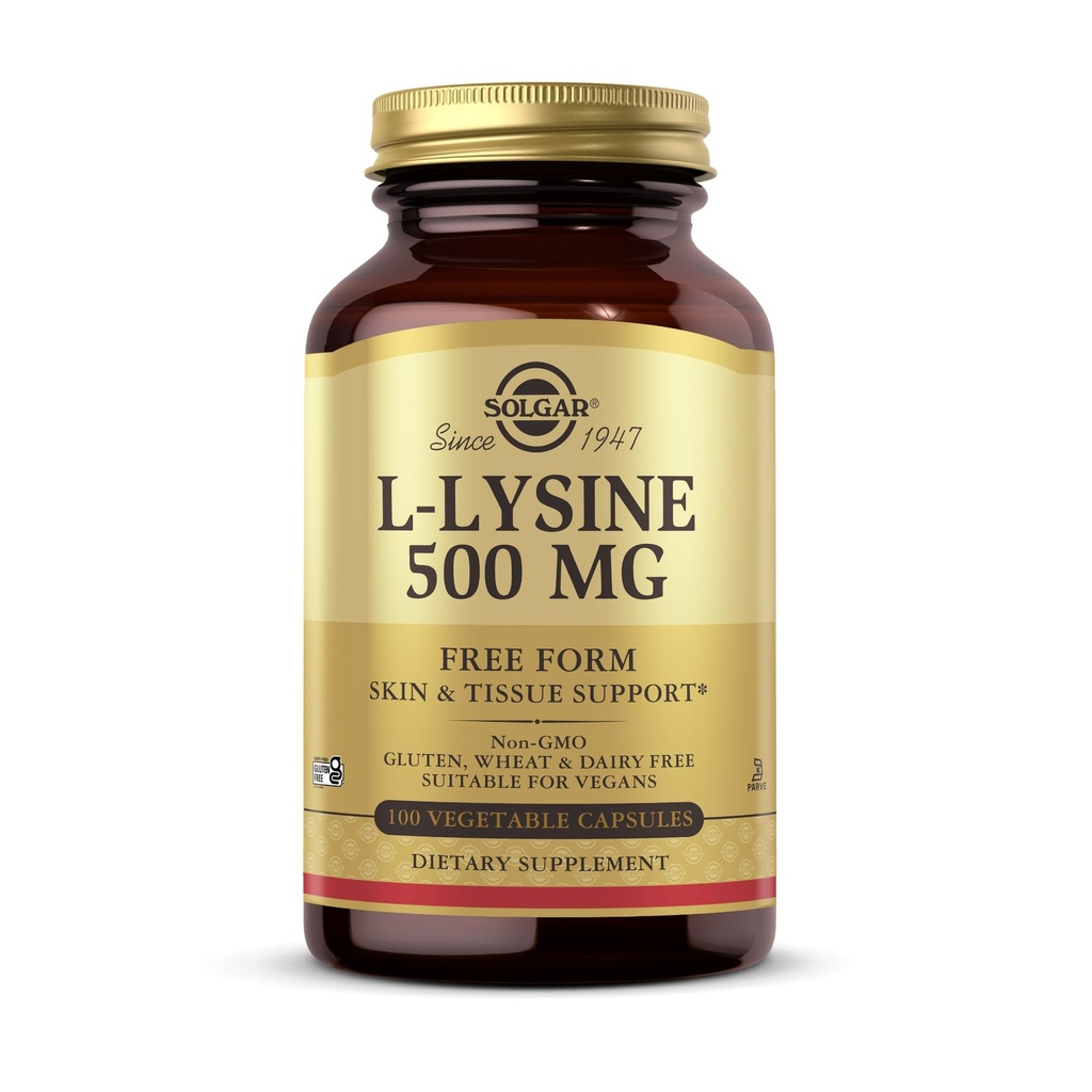 Solgar L-Lysine 500 mg - 100 Grønnsaker Kapsler - Hud og vevsstøtte - ikke-GMO, Vegansk, Kosher, Glutenfri - 100 Services