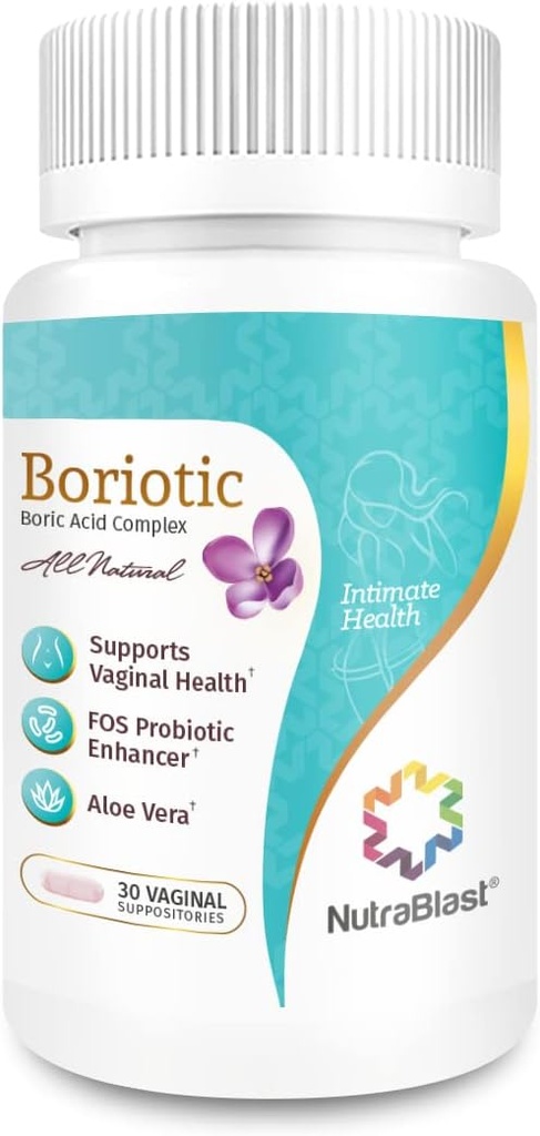 NutraBlast Boric Acid Vaginal Suppositories Complex w/Aloe Vera & FOS Prebiotic Enhancer | Alle naturlige boriotiske | laget i USA (30 greve)