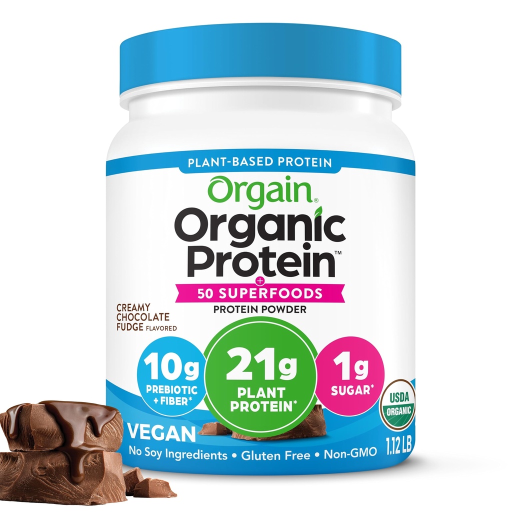 Orgain Organic Vegan Protein + 50 Superfoods pulver, Kremet sjokolade fudge - 21g Plant Basert Protein, 10g Prebiotiske Fiber, Ingen Laktose ingredienser, Glutenfri, Ingen tilsatt sukker, Ikke-GMO, 1,12 lb