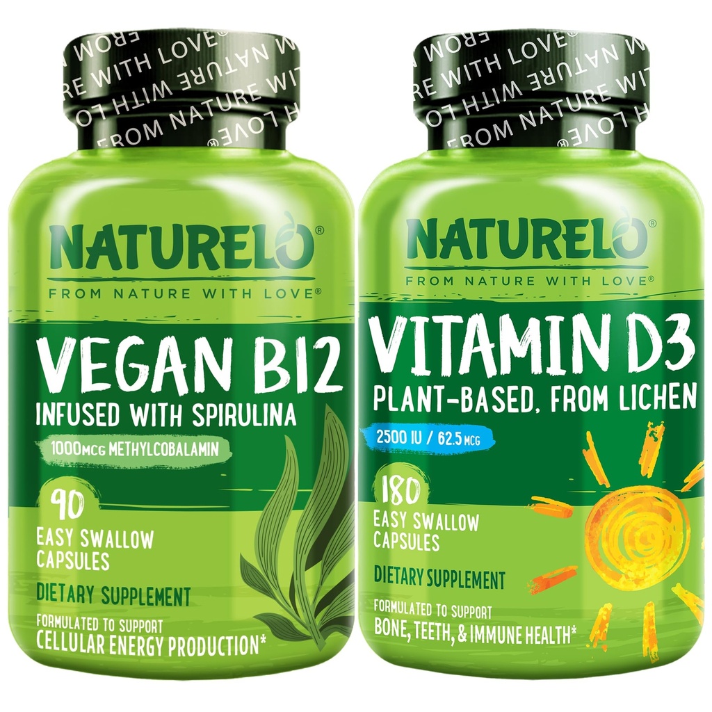 NATURELO Vitamin D - Plante Basert fra Lichen - 180 Mini Kapsler, Vegan B12, 1000 mhg Metylcobalamin - 90 Kapsler