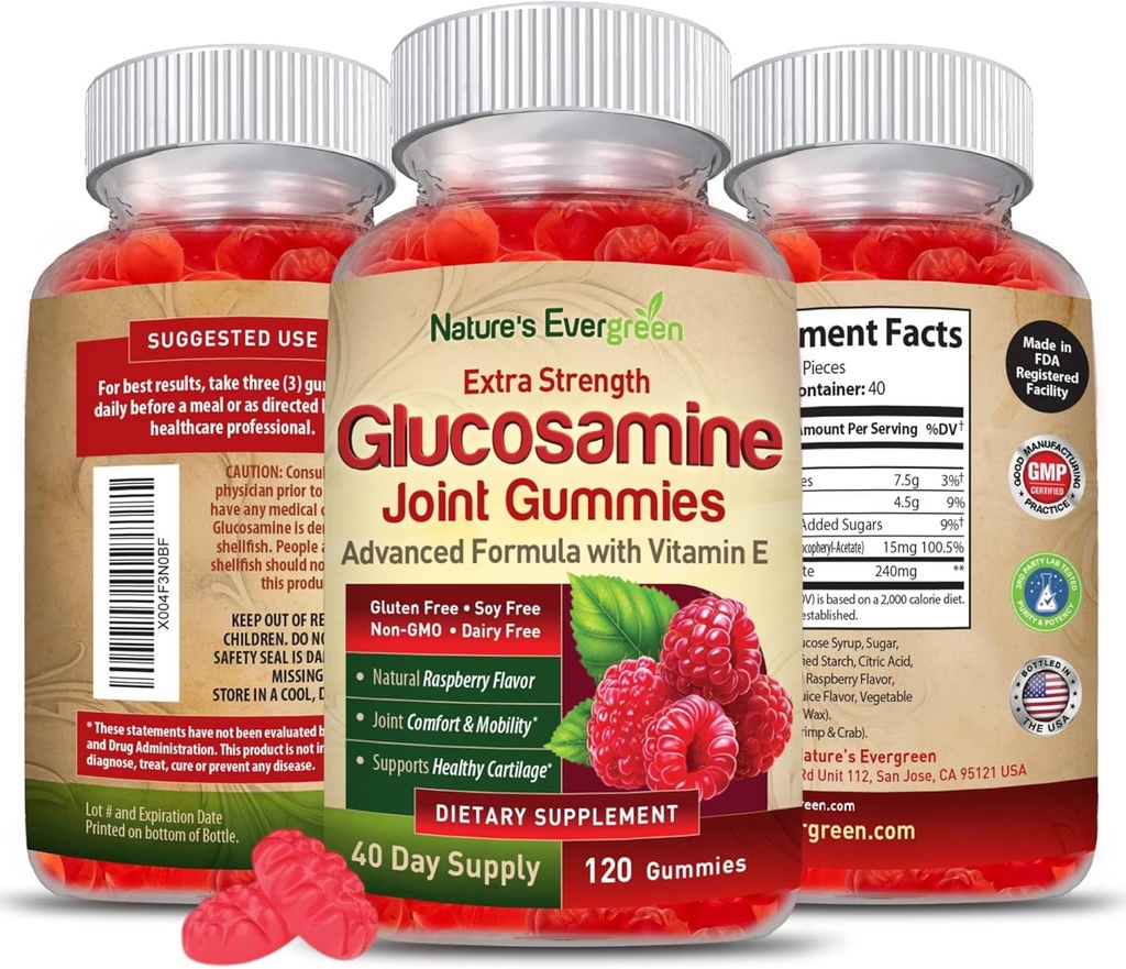 Ekstra styrke glukosamin felles støtte Gummy Supplement | Naturlig felles helse støtte og fleksibilitet for rygg, kne og hender | Vitamin E for immun støtte for kvinner og menn | 120 gummier