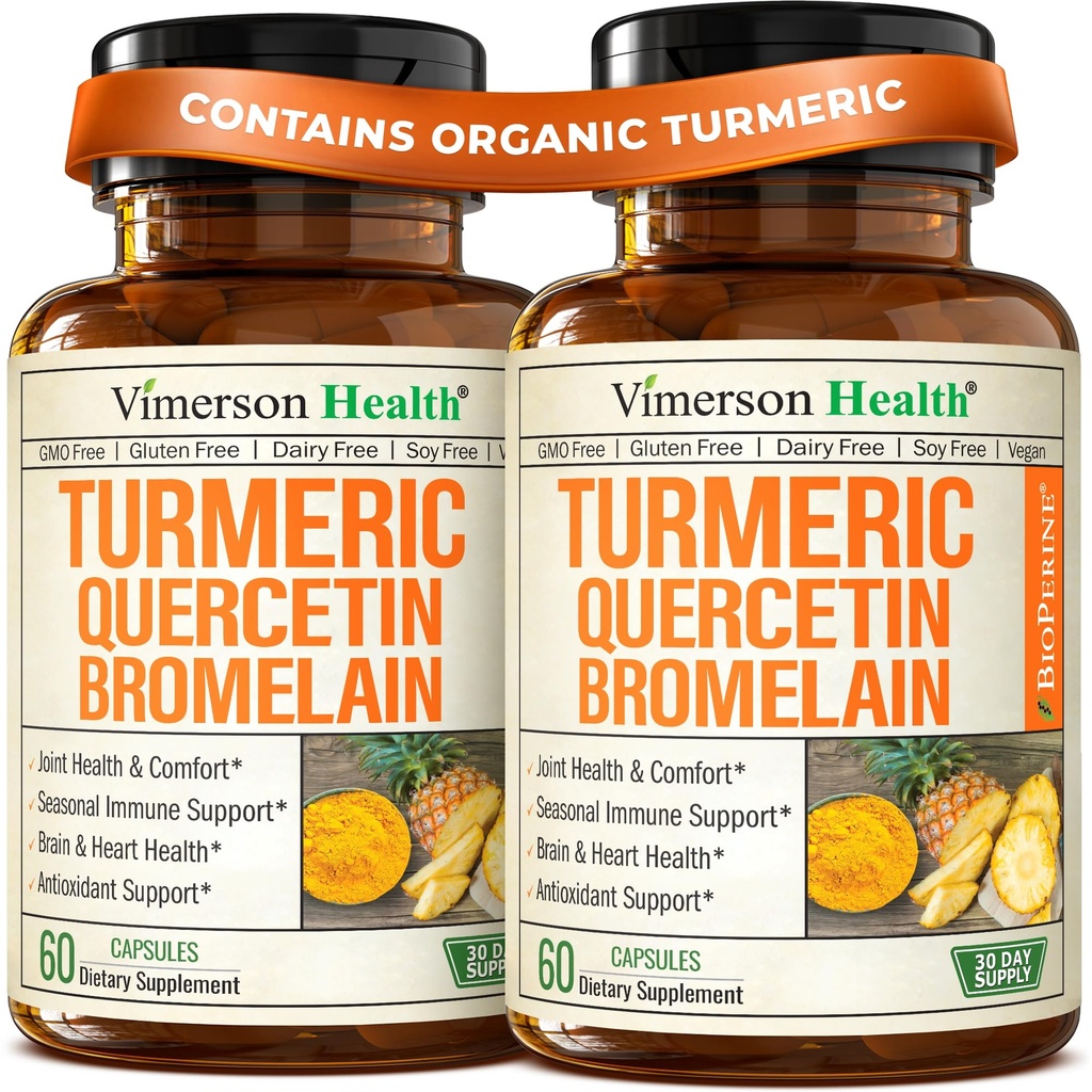 Quercetin med Bromelain Turmeric Curcumin Supplement - Allergi Relief, Joint & Immune Support - Organic Turmeric Supplement med Black Pepper (Bioperine) - Quercetin 500mg Kapsler 2 Pack