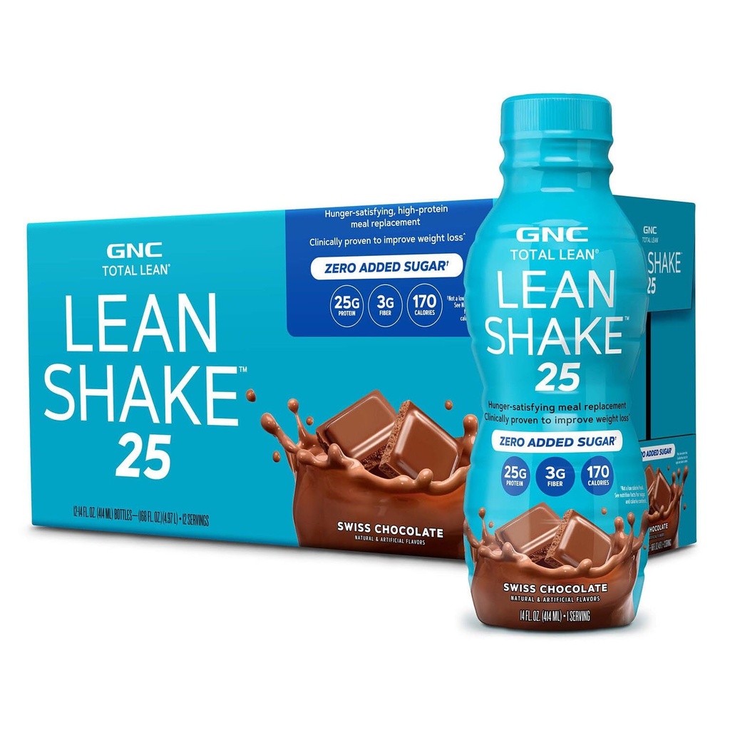 GNC Lean Shake 25 Protein Shake, klinisk bevist vektkontroll, måltidserstatning, 25g protein med null tilsatt sukker, klar til å drikke, sveitsisk sjokolade, pakke med 12
