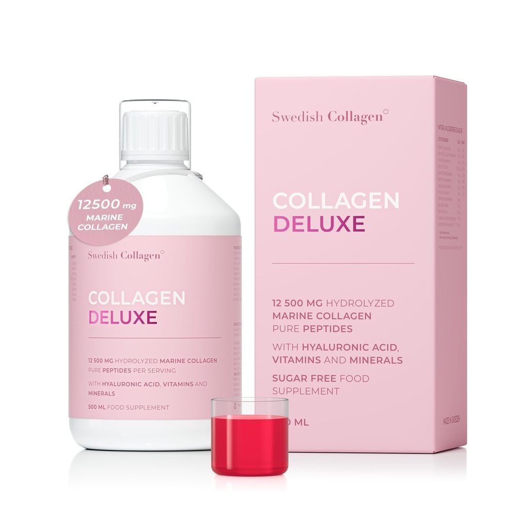 Swedish Collagen Deluxe 12.500 mg Hydrolysert Marine Collagen Flytende Supplement - 500 ml, 20 dagers forsyning | Hyaluronsyre, Biotin og vitamin C for å støtte Sunt hår, hud, negler | Sukkerfri