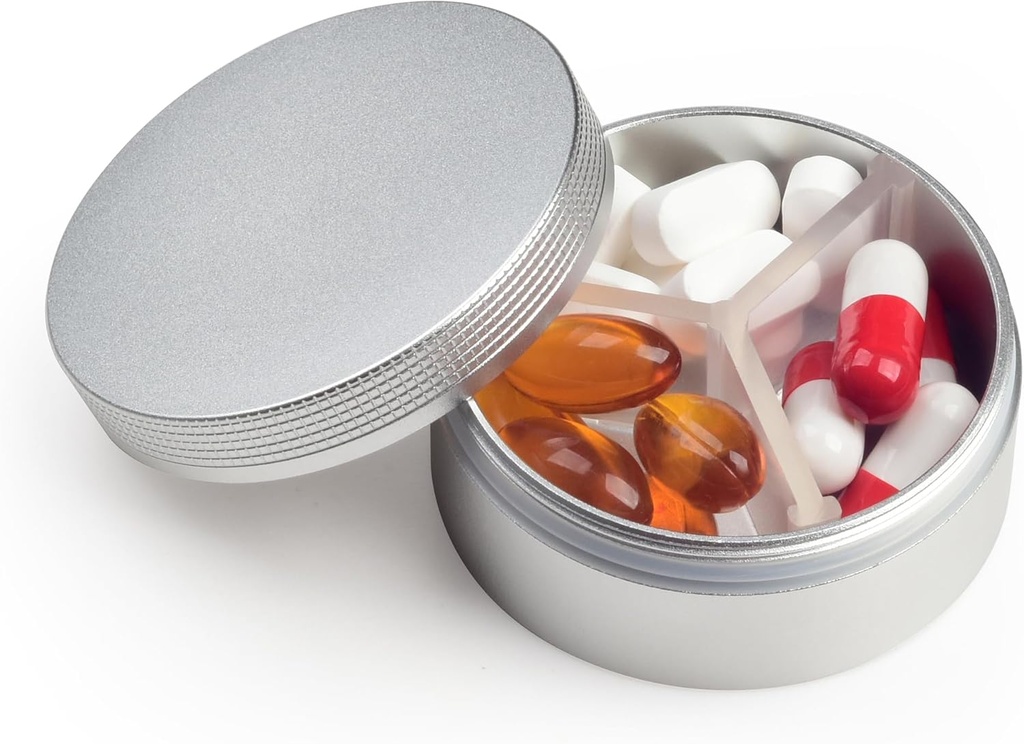 Små piller veske 3 sammenligninger, metall rund bærbar pille boks, vanntett reisepilleorganisator, Pocket purse medisin vitaminholder EDC Container (Silver)