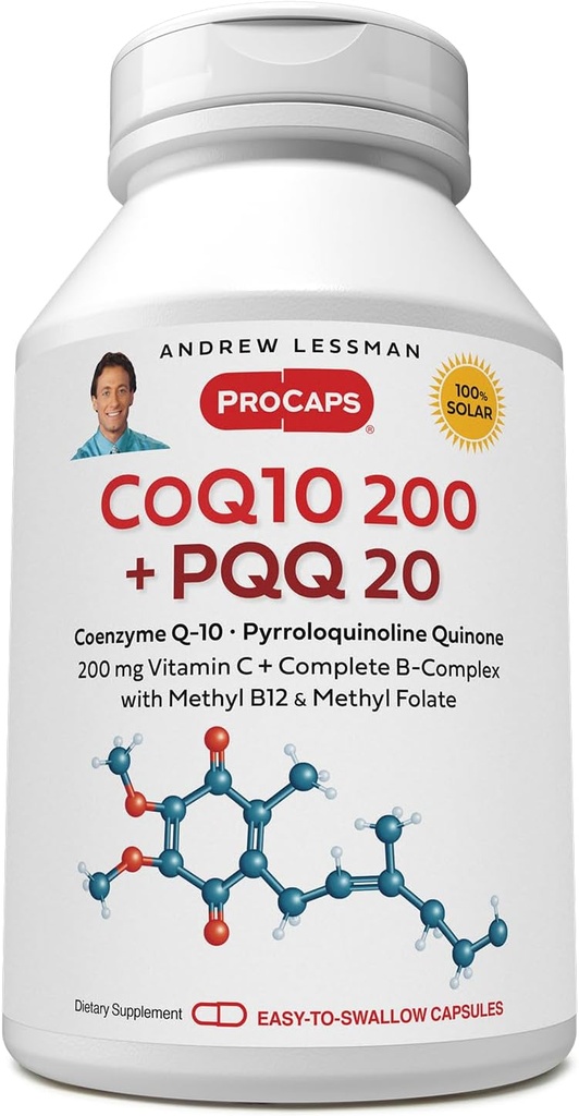 ANDREW LESSMAN Coenzym Q-10 200 Plus PQQ 20mg - 120 kapsler - opprettholder CoQ10 nivåer, Optimum Cellular Energy, støtter energiproduksjon, hjerte, hjerne, lever, nyre, pankreader. Ingen additiver