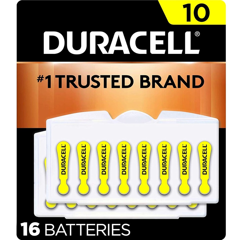 Duracell Høreapparat Batterier gul størrelse 10, 16 greve pakke, 10A størrelse høreapparat batteri med lang-lastekraft, ekstra lang EasyTab installere for høreapparat enheter