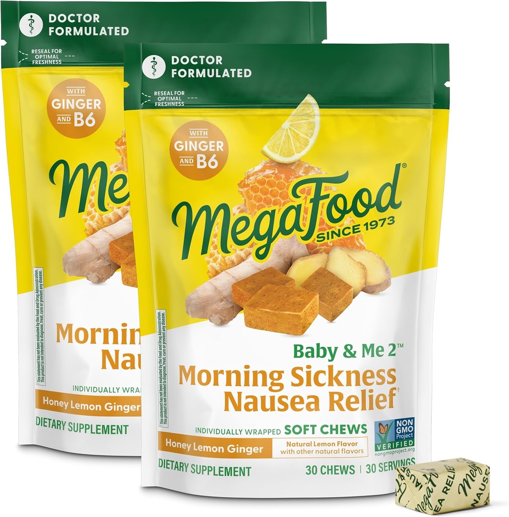 MegaFood Baby & meg Prenatal Morgensykhet Relief, Ginger Chews, med vitamin B6, laget uten 9 matallergier, Honning Lemon Ginger Flavor, 30 Chews (pakke av 2)