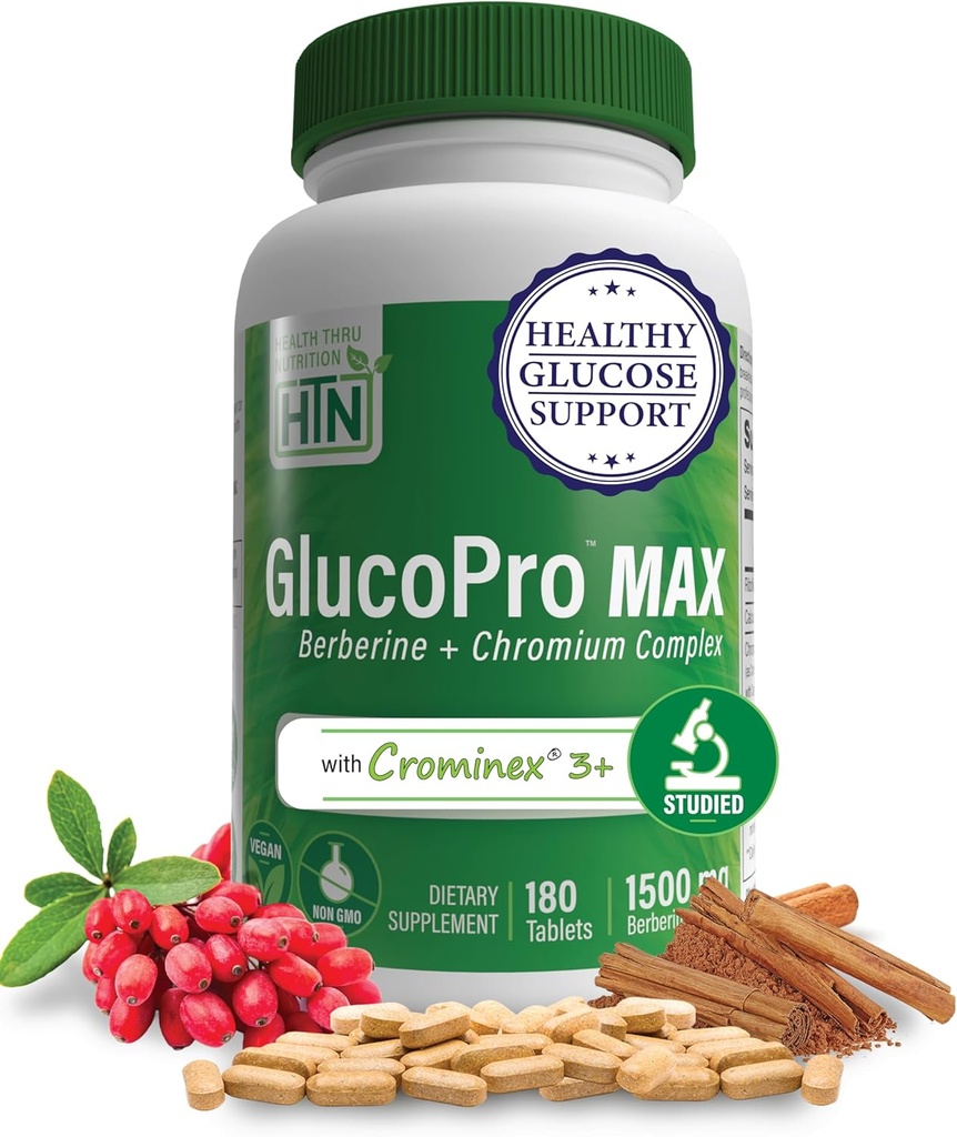 Helse Thru Nutrition GlucoPro Max - med 1.500 mg Berberin, Chrominex + Chromium, og 1000 mg kanel | Vegan, ikke-GMO, Glutenfri | Pakke med 180