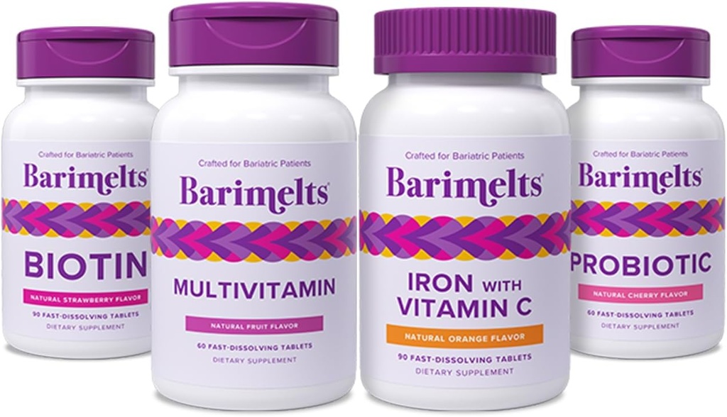 BariMelts Complete post-Bariatrisk kirurgi Bundle - Multivitamin, jern med vitamin C, Biotin og probiotika