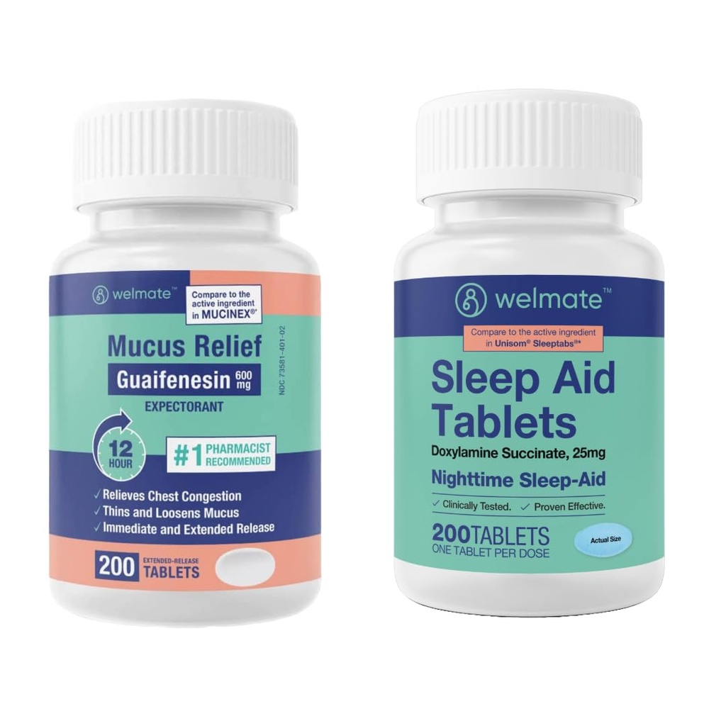 WELMATE Nighttime Wellness Bundle: Mucus Relief Guaifenesin 600mg Mucus Relief (200 Ct) & Doxylamine Succinate 25mg søvnhjelp (200 Ct)