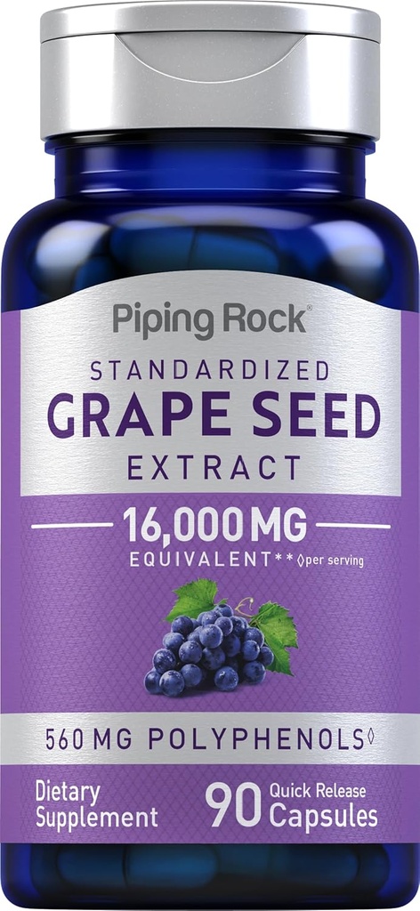 Piping Rock Grape Seed Extract Kapsler | 16.000mg | 90 piller | Vitis Vinifera Supplement | Ikke-GMO, Glutenfri