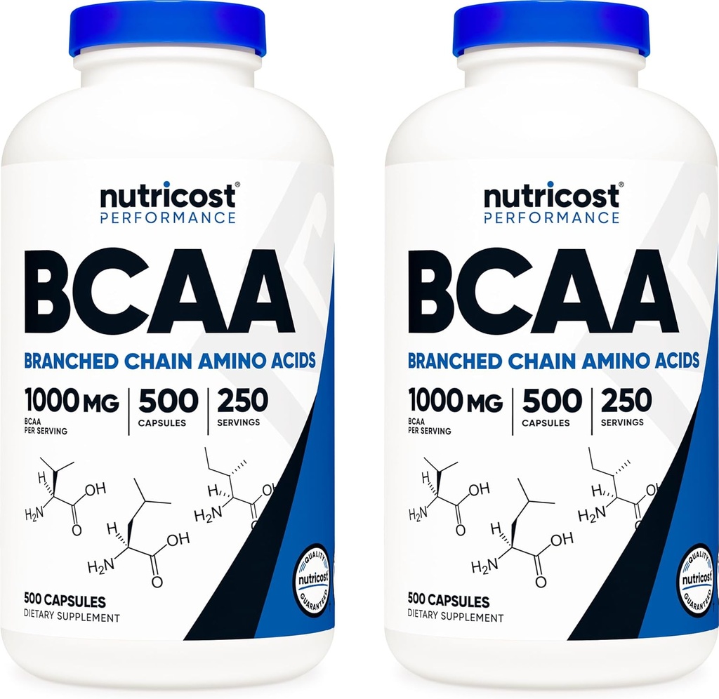 Nutricost BCAA 1000mg, 500 kapsler (250 Serv), 2:1:1 Branched Chain Aminosyrer (500mg L-Leucin, 250mg L-Isoleucin og L-Valine) (2 flasker)