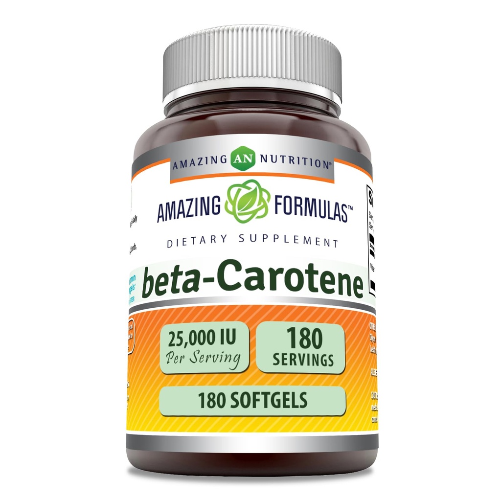 Amazing Formler Beta-Caroten Supplement | 25000 IU per servering | 180 Softgels | Ikke-GMO | Glutenfri |