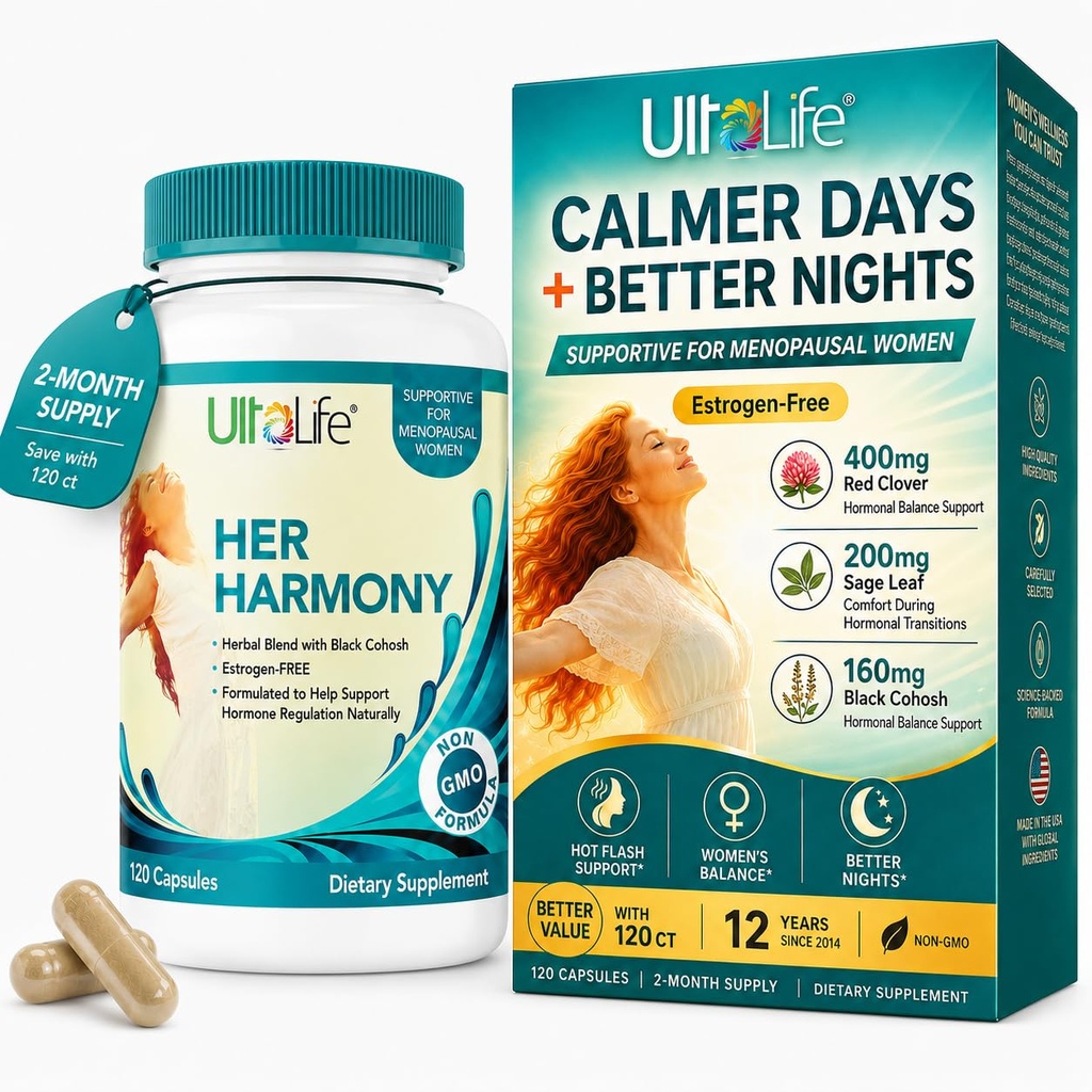 UltaLife Her Harmony Menopause Supplements for kvinner - Hot Flashes Menopause Relief & Hormone Balance for kvinner - Inneholder Black Cohosh, Dong Quai, Red Clover & Mer - Estrogen Gratis - 120 Kapsler