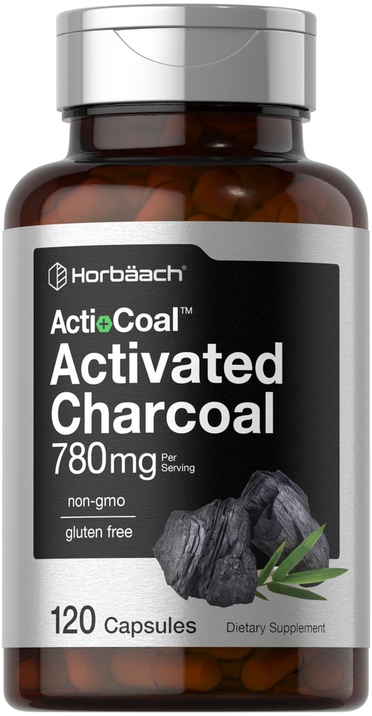 Horbäach Charcoal piller 780mg | 120 kapsler | Aktivert Charcoal fra kokosnøtt Shells | Ikke-GMO og Glutenfri | Acti-Coal