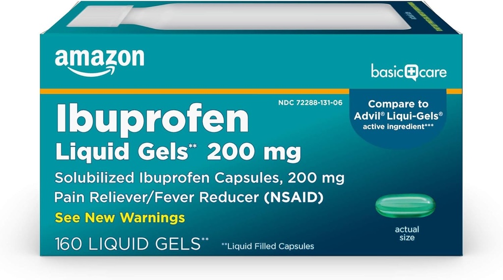 Basic Care Ibuprofen flytende geler 200 mg, smertefri/fever reduser flytende fylte kapsler, For hodepine, tannsmerter, ryggsmerter, menstruasjonskramper og mer, 160 greve
